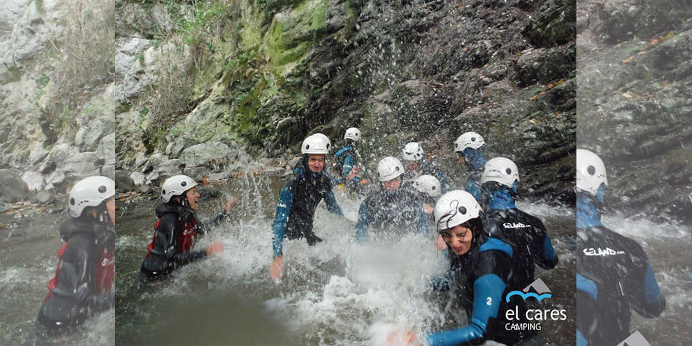 Canyoning in Picos de Europa. People splashing and enjoying themselves in the Cares river